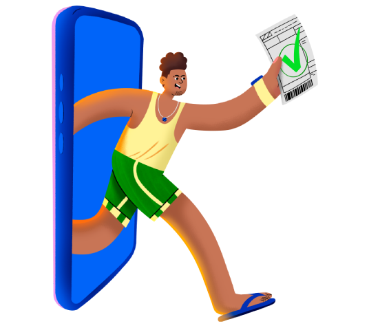 Um homem sorridente está saindo de dentro de um celular, vestindo roupas esportivas e segurando um papel.